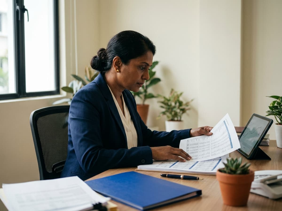 A Malaysian business owner reviewing financial reports at her own office desk.