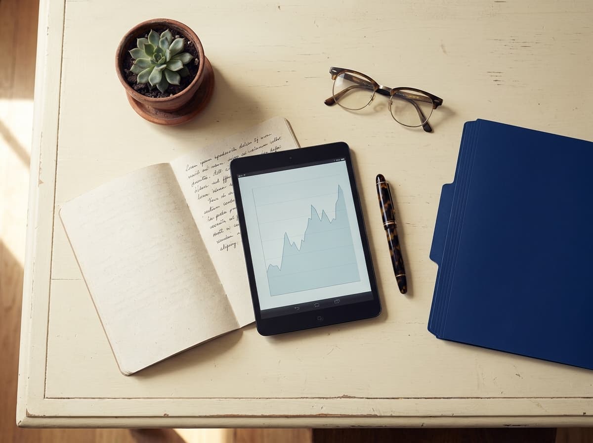 A premium editorial flat-lay of an open notebook, tablet showing a chart, fountain pen, and a navy folder.