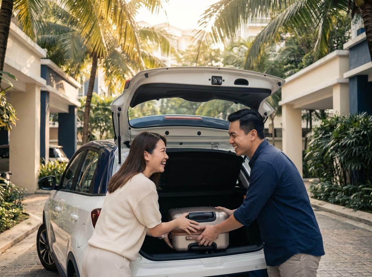A Malaysian couple loading luggage into a small electric SUV before a trip.
