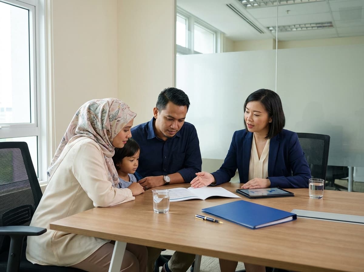 A Malaysian family in a financial advisory consultation, reviewing insurance documents at a meeting table.