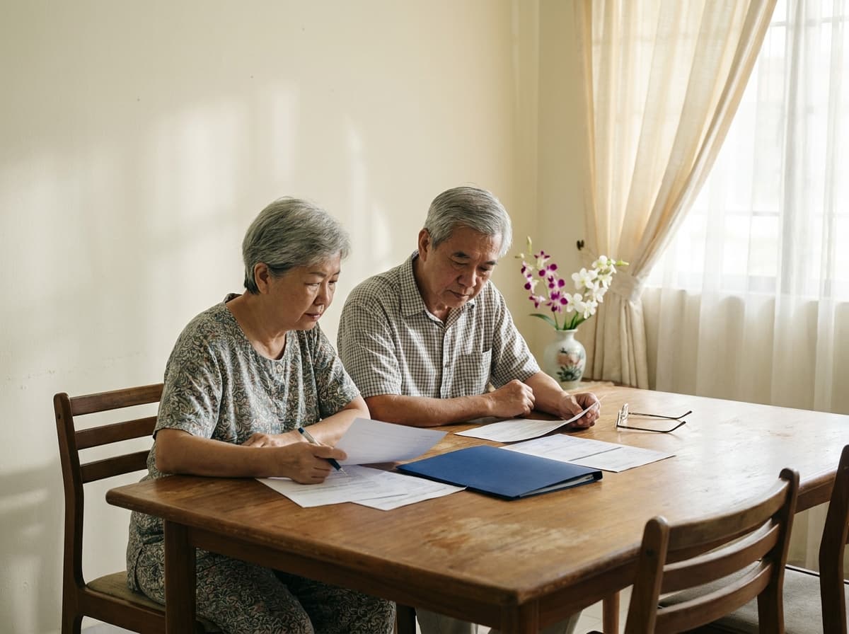 A Malaysian senior couple reviewing estate planning documents at a teak dining table.